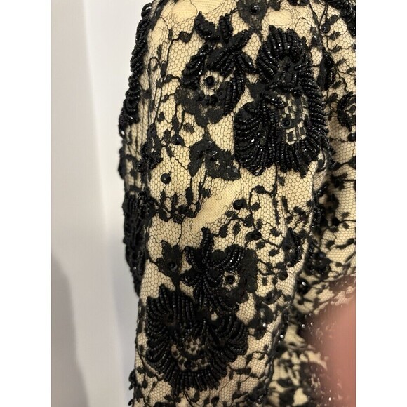 NO TAG Vintage Black Lace Beaded Silk Lined 3/4 Sleeve Hook Eye Crop Jacket SM - Picture 5 of 13